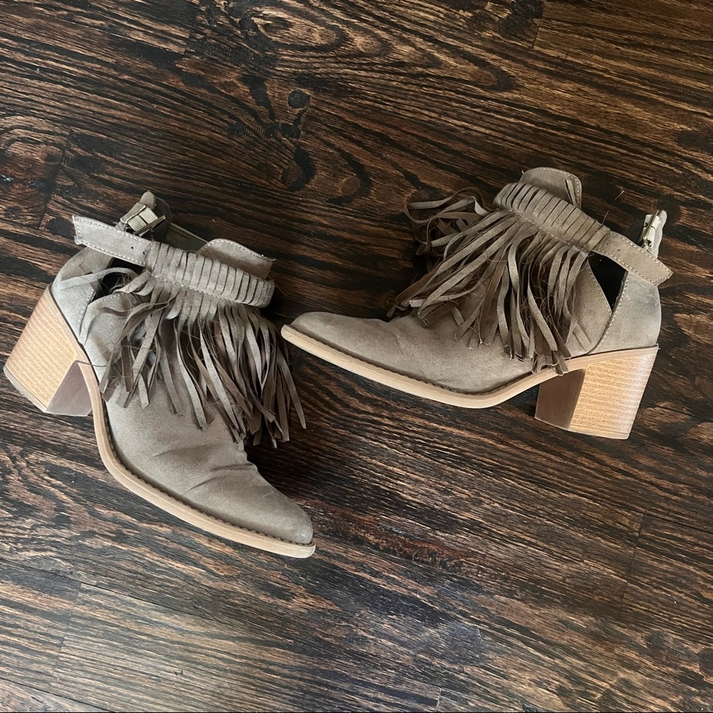Fringe Ankle Boots in Taupe